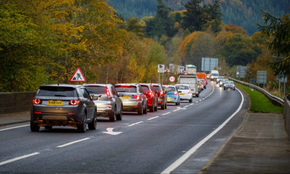 Traffic building up on the A9 by Dunkeld