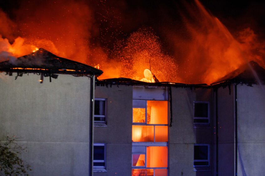 The block of flats engulfed in flames in Lochgelly.