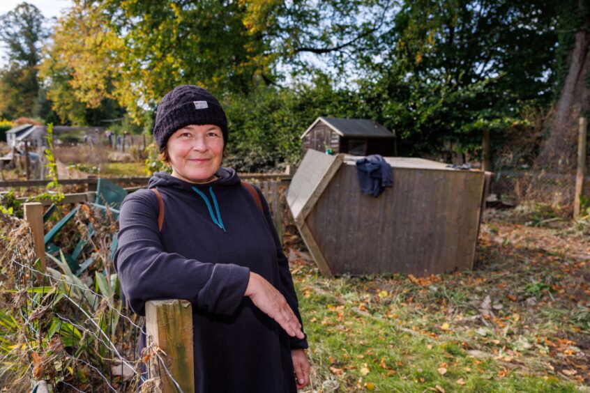 Caroline Robinson at her Moncreiffe Island allotment, with her shed lying on its side behind her.