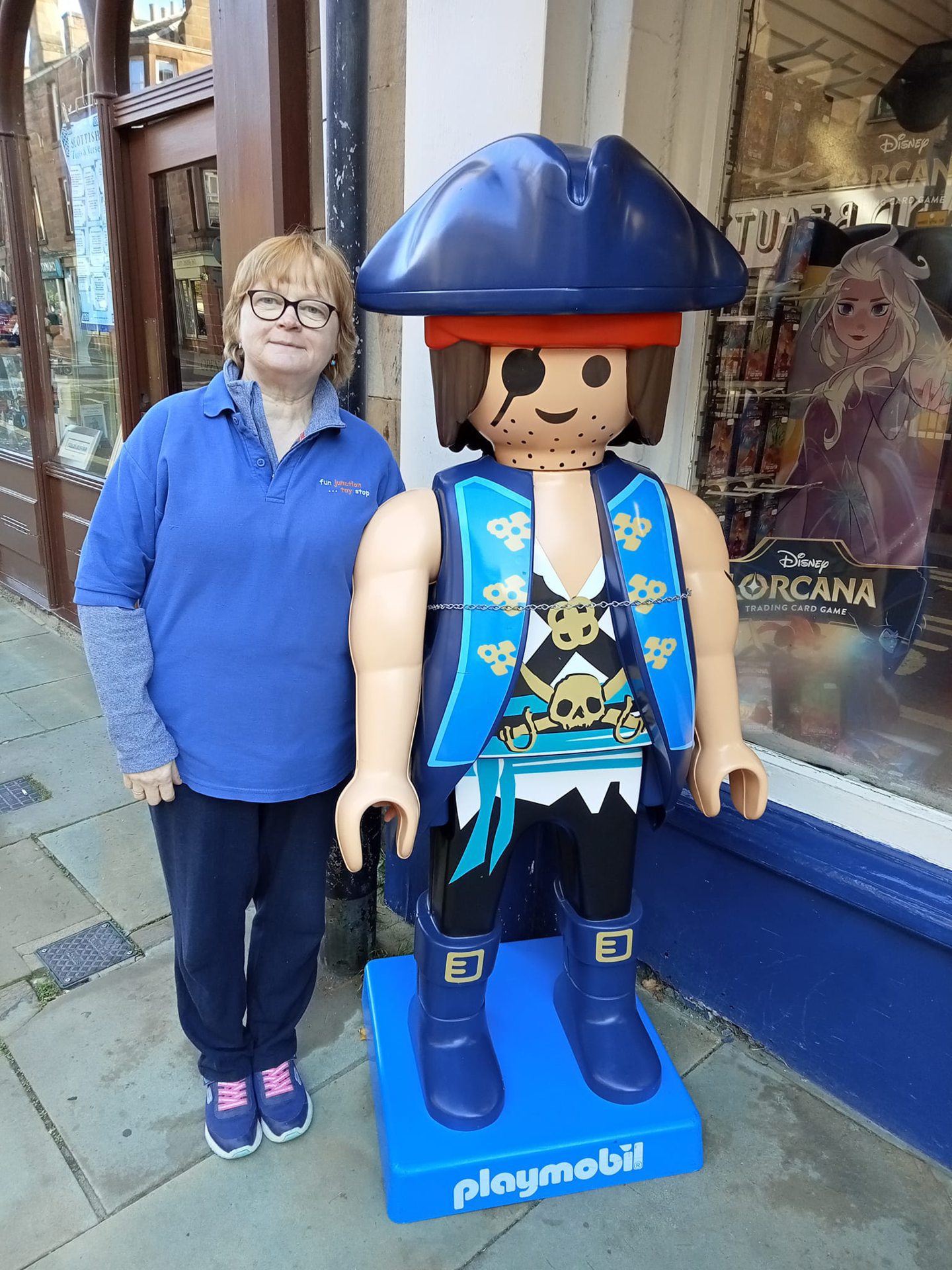 Suzanne Fogg next to the new pirate character.
