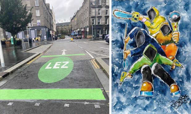 The LEZ signage in Dundee and alongside an image of ULEZ protestors shared on 'Dundee Against ULEZ'.