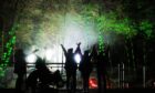 People watching the Enchanted Forest light show with their hands in the air against a green forest background