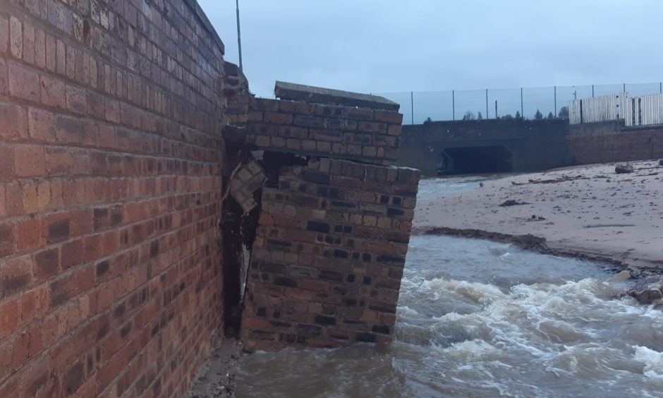 The damaged section of Leven sea wall. 