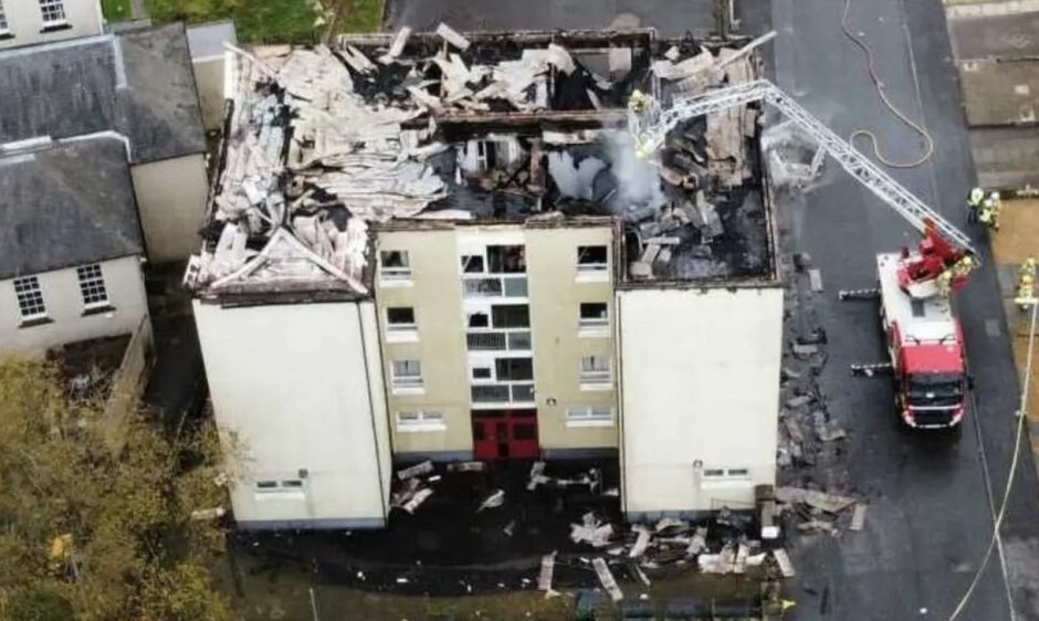 Aerial view of the fire ravaged flats in Lochgelly