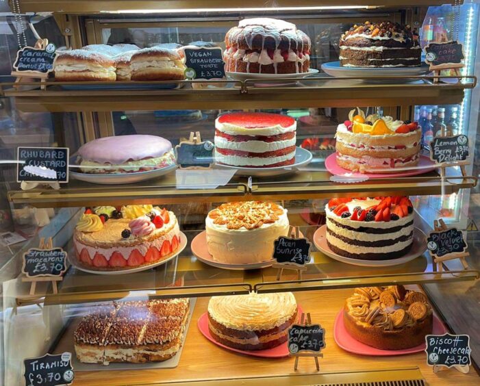 The cake cabinet at Merchants House Cafe in Kirkcaldy.