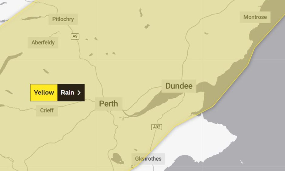 Yellow weather warning for rain in place across Tayside and Fife.