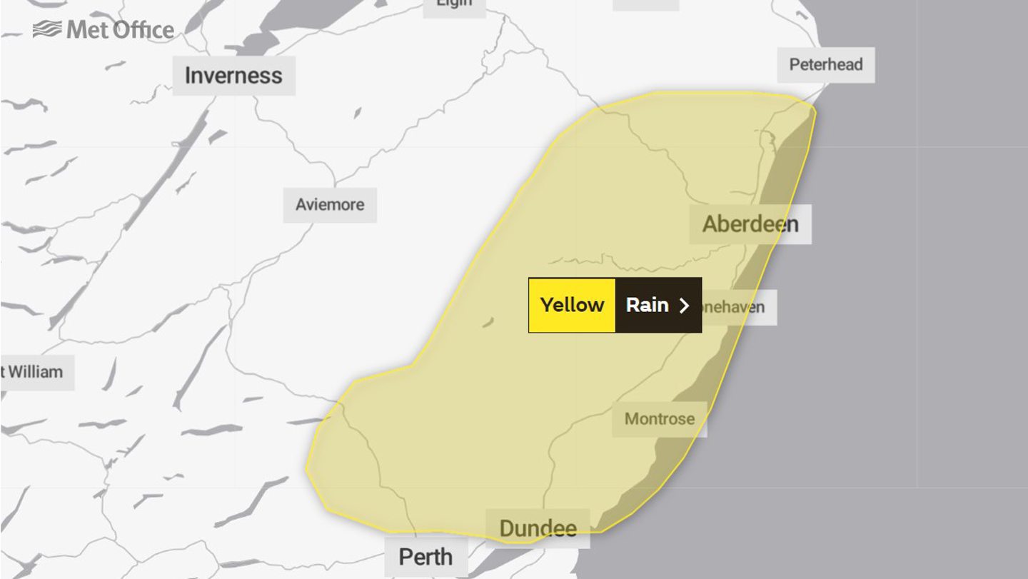 The area covered by the Met Office's yellow weather warning for rain on October 26 2023.