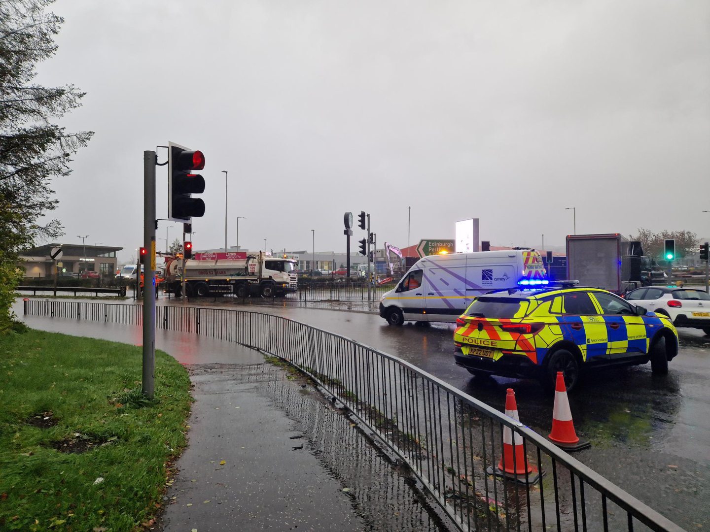 Flooding at Myrekirk roundabout in Dundee. 