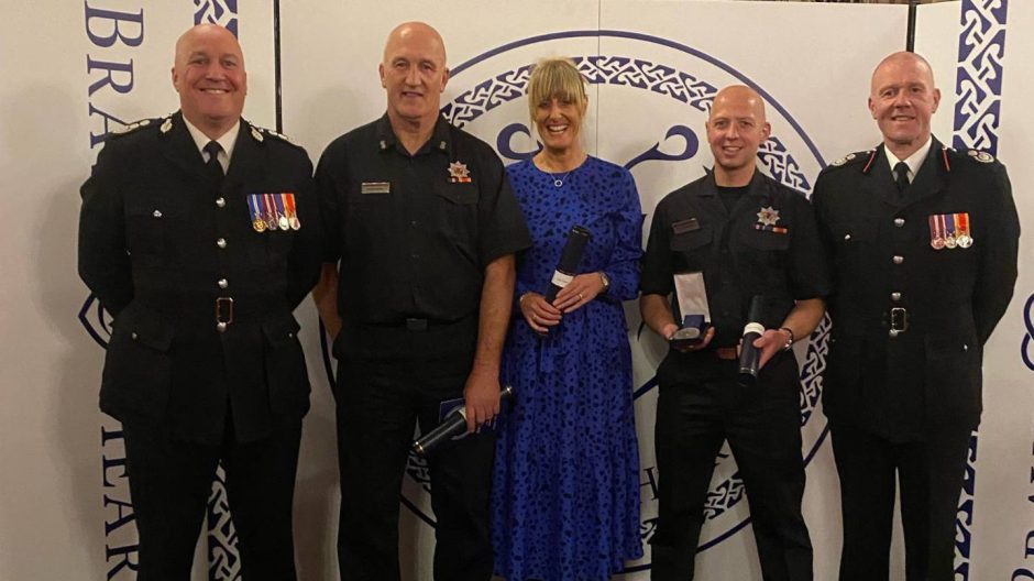 Left to right: Chief officer Ross Haggart, WC John Connell and his wife Claire, Ryan Witkowski and assistant chief officer David Farries at the Brave@Heart awards in Edinburgh.