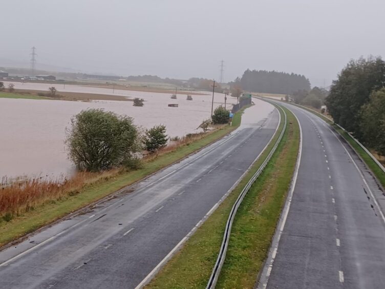 Flooding on the A90 near Forfar during Storm Babet.