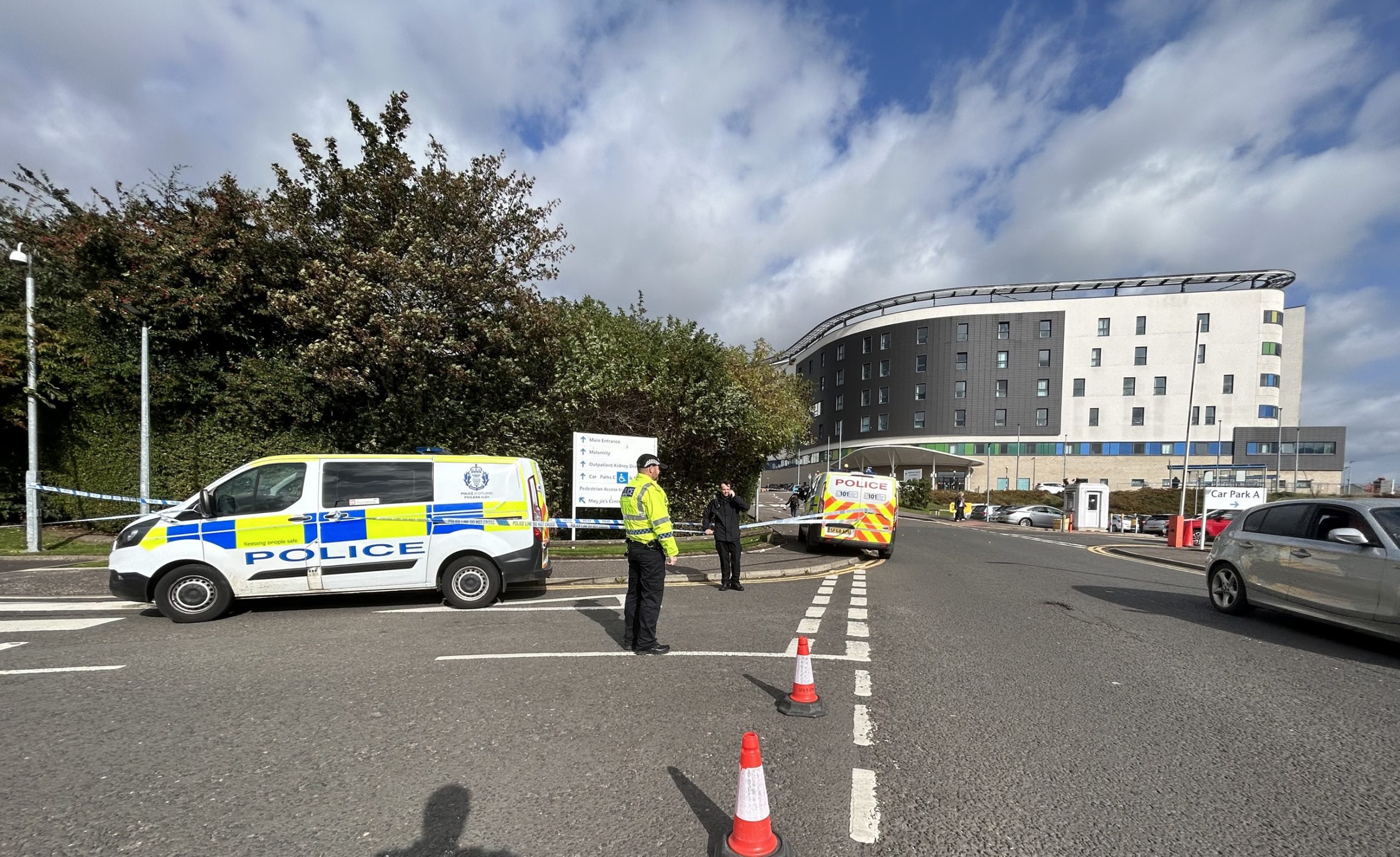 A police cordon outside Victoria Hospital in Kirkcaldy after body found.