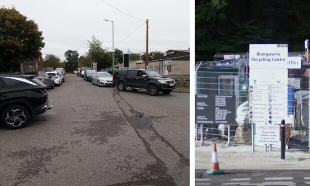 The queue of cars at Blairgowrie Recycling Centre on Thursday amid cuts to centres in Perthshrie