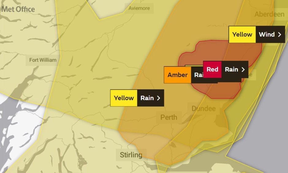 Map shows the red weather warning covering the Angus area.