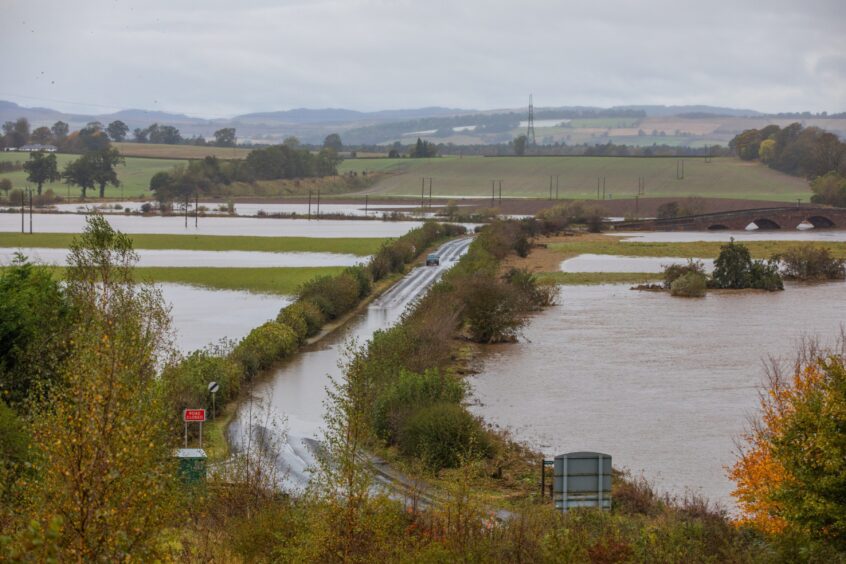 Flooded fields and roads near Coupar Angus in the aftermath of Storm Babet.