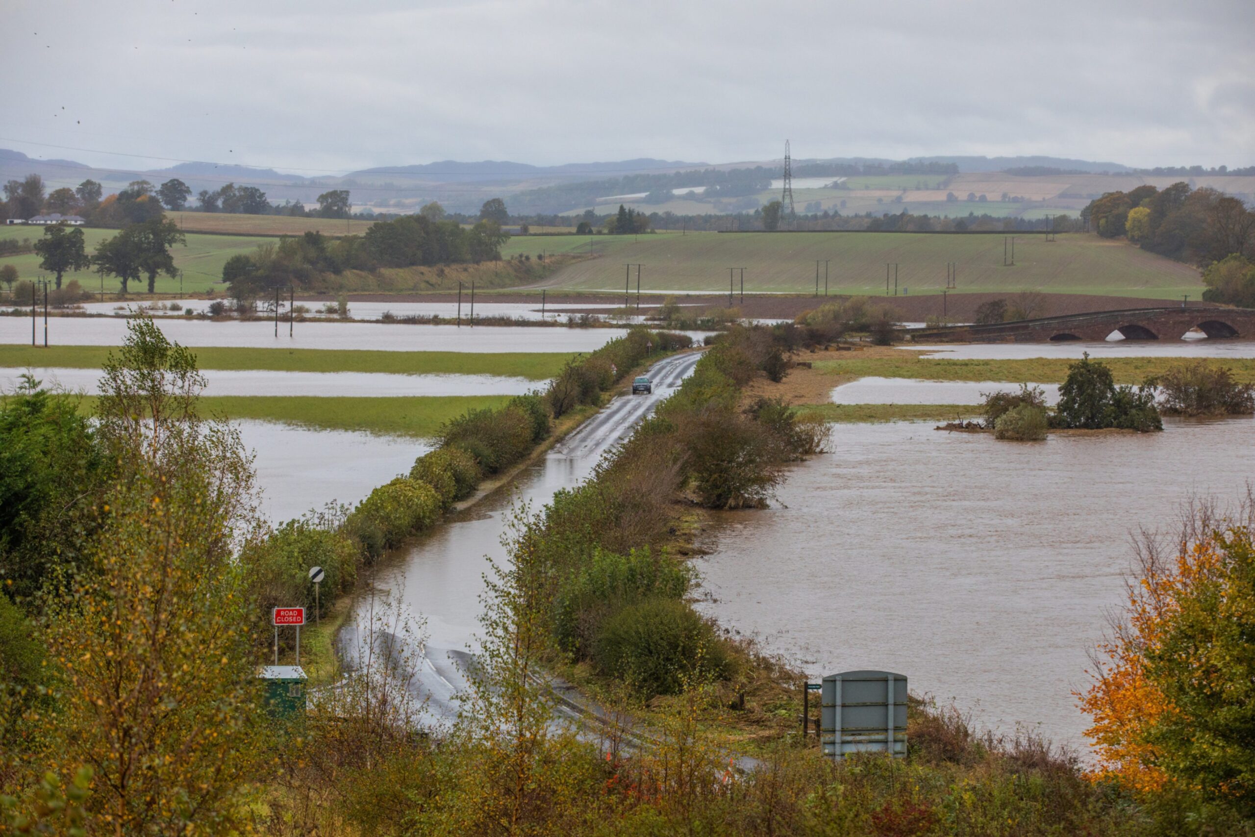 The A923 Coupar Angus to Blairgowrie road was flooded due to Storm Babet on Saturday, October 21.  Image: Steve MacDougall/DC Thomson