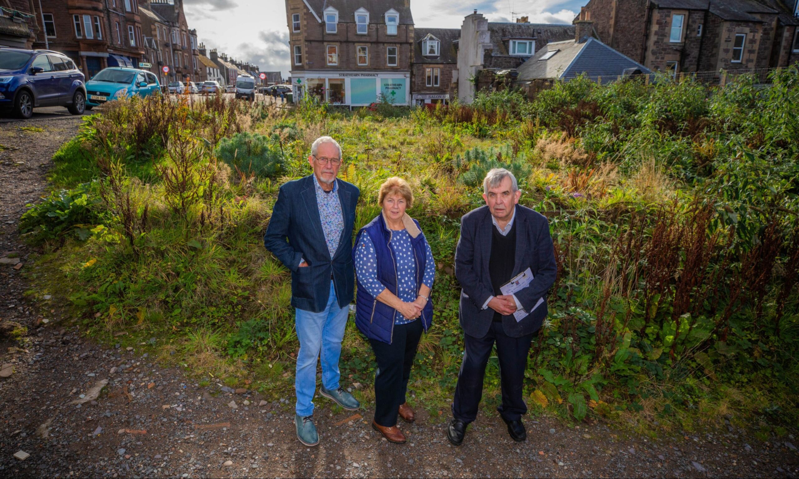 Chair of Crieff Community Council, Brian Wilton, and councillors Rhona Brock and Stewart Donaldson at the site.