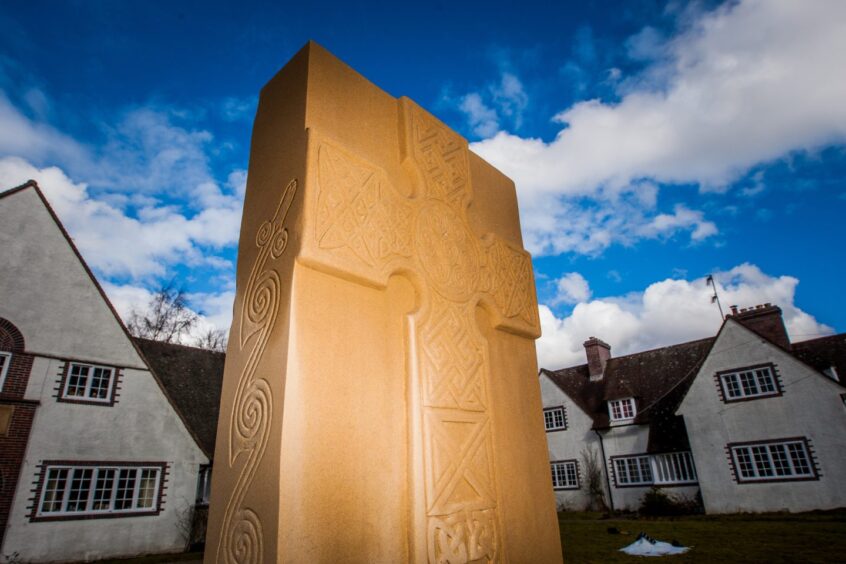 Pictish style stone in Forteviot village square.