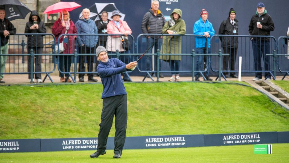 Dunhill Cup Celebrities Genesis and Mike and the Mechanics guitarist Mike Rutherford on the first tee at St Andrews.