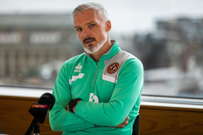 Dundee United boss Jim Goodwin speaks to the media at DC Thomson headquarters 
