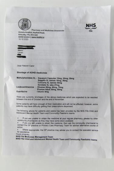 Letter from NHS Fife informing parents of children on ADHD medication that there are shortages. 