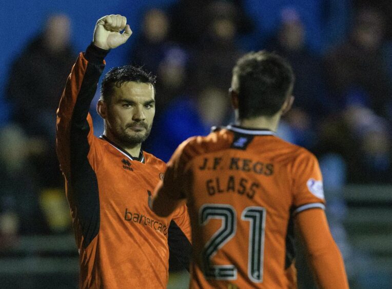 Tony Watt after scoring for Dundee United against Peterhead. 