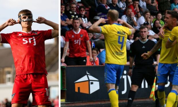 Matty Todd celebrates Dunfermline's Viaplay Cup win and Ross Millen enjoys Raith winner in the Championship. Images: SNS and Raith Rovers FC.