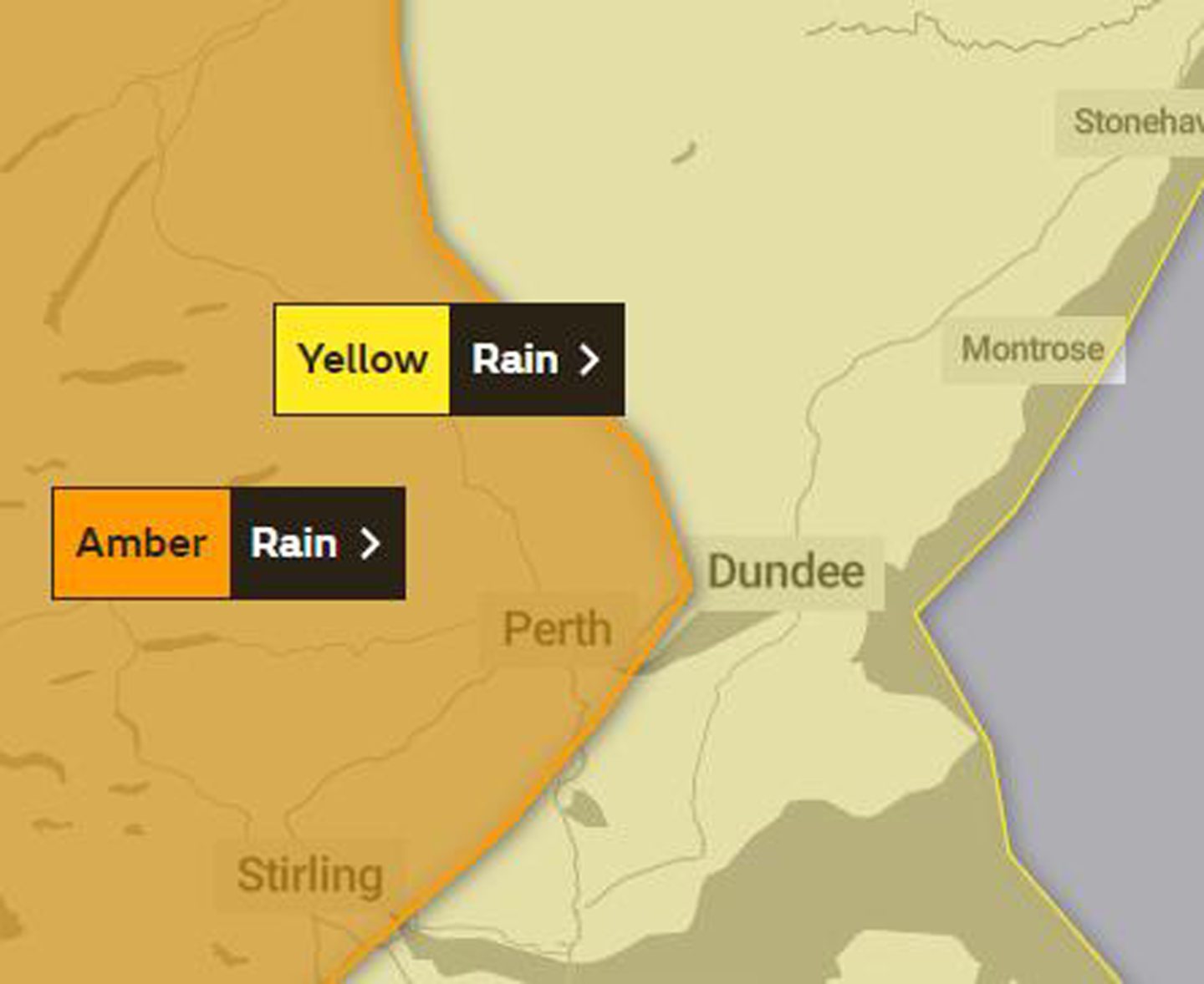 map shows the amber and yellow weather warning areas throughout Tayside and Fife.
