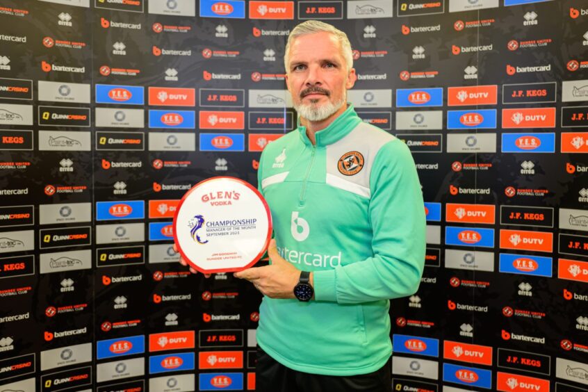 Jim Goodwin receives Championship manager of the month, courtesy of league sponsors Glen, at Dundee United's St Andrews training base