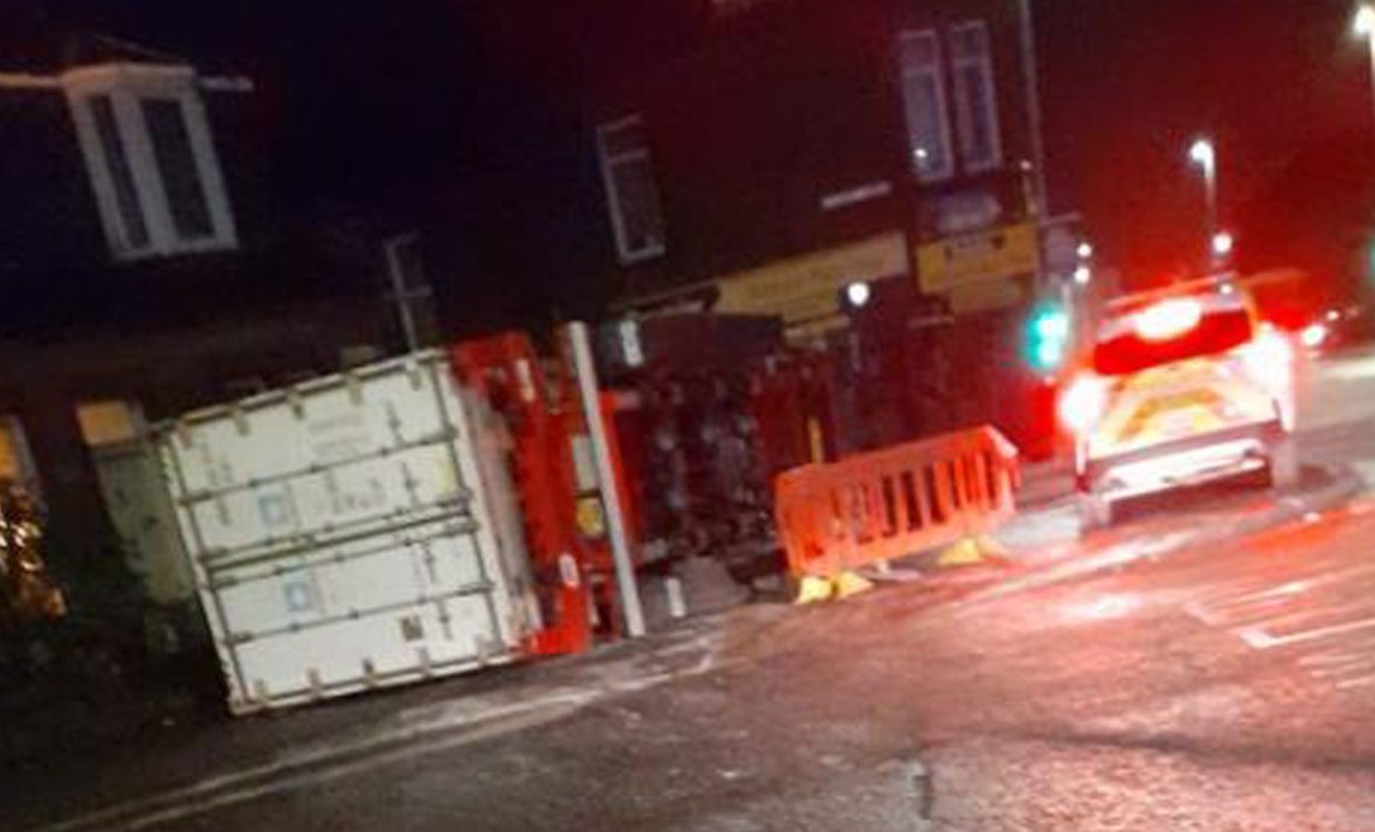 Overturned lorry as viewed from Montrose Road, Arbroath.