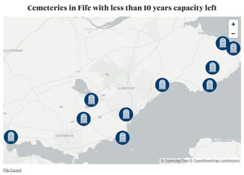Fife cemeteries with less than 10 years capacity as of March 2021.