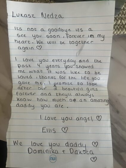 The note shared by Ellis Campbell, partner of Glenrothes dad Lukas Nedza, after he died following an illness in Tenerife
