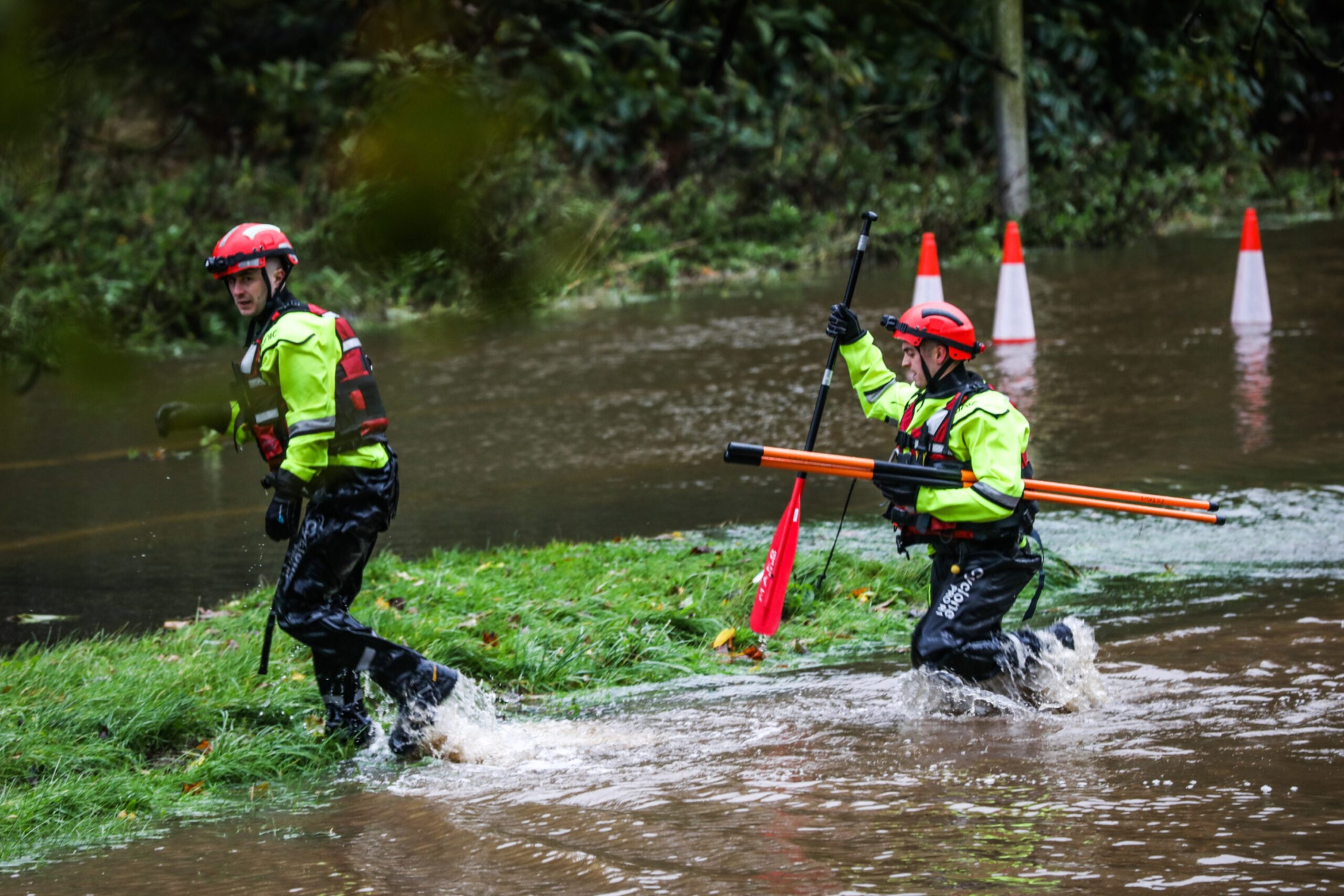 Rescue teams on Claverhouse Road during Storm Babet.