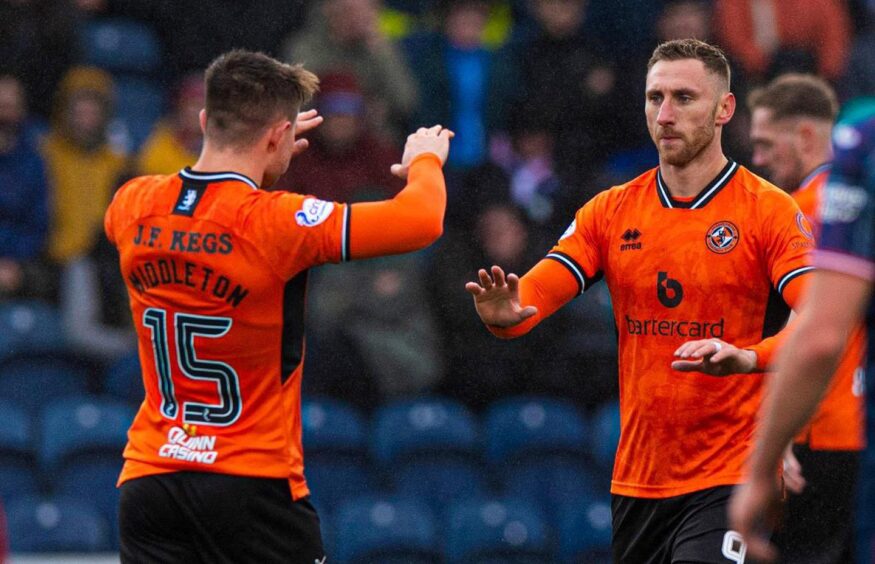 Louis Moult and Glenn Middleton celebrate a superbly worked Dundee United corner
