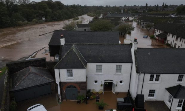 Storm Babet's aftermath in River Street, Brechin. Image: Peter Leslie/ Drone Survey Services