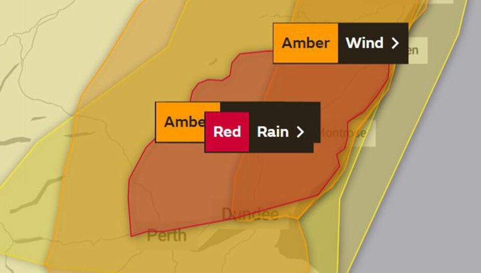The Met Office's red weather warning now covers Dundee, parts of Perthshire and most of Angus.
