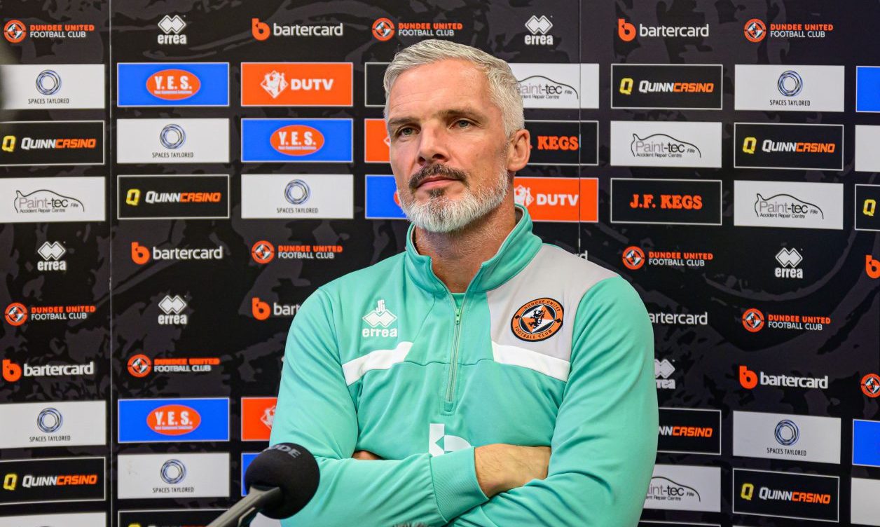 Dundee United manager Jim Goodwin addresses the media