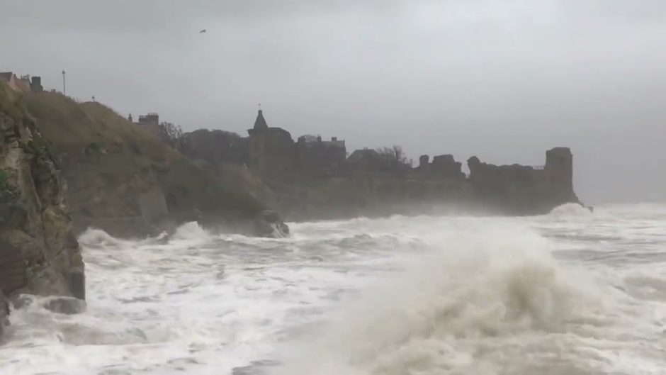 The St Andrews coast and harbour were battered by waves. 