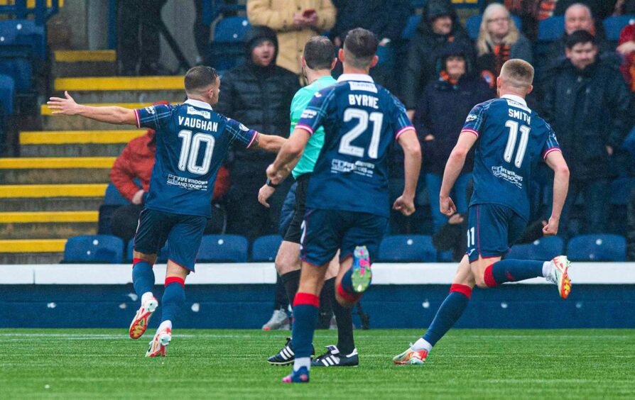 Raith Rovers' Lewis Vaughan celebrates his opener against Dundee United.