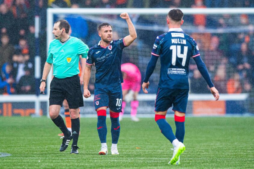 Lewis Vaughan celebrates after putting Raith Rovers ahead against Dundee United in October.