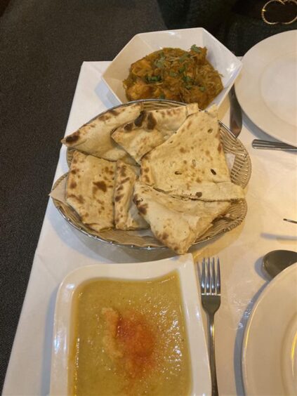 The chicken korma, peshwari naan, and paneer and mushroom curry at Indos, Broughty Ferry.