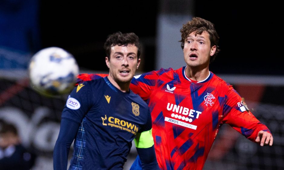 Dundee defender Joe Shaughnessy tries to get to grips with Rangers forward Sam Lammers. Image: Shutterstock