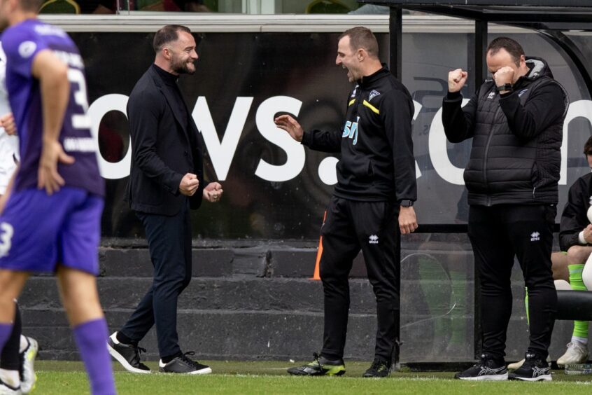 Dunfermline Athletic manager James McPake and assistant Dave Mackay celebrate in the East End Park dugout during the win over Airdrie earlier this season. Image: Craig Brown/DAFC.