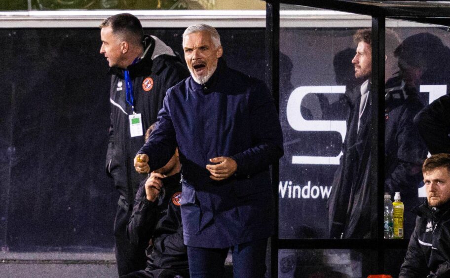 Jim Goodwin on the touchline for Dundee United at Dunfermline.