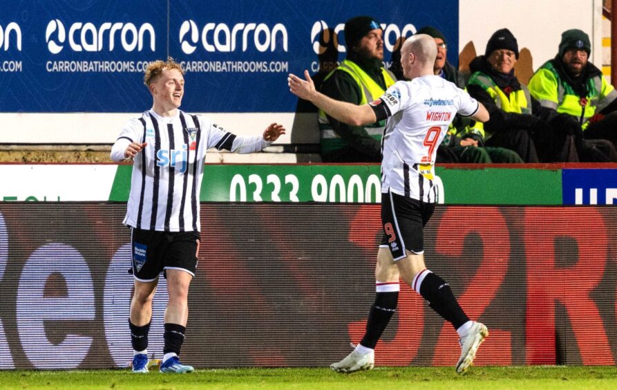 Owen Moffat celebrates finding the net for Dunfermline against Dundee United