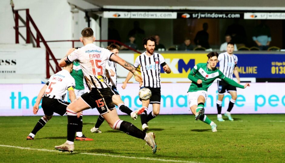 Chris Mochrie scores a stunning goal against Dunfermline on his return to East End Park in November.