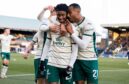 Hibs celebrate the opening goal. Image: SNS