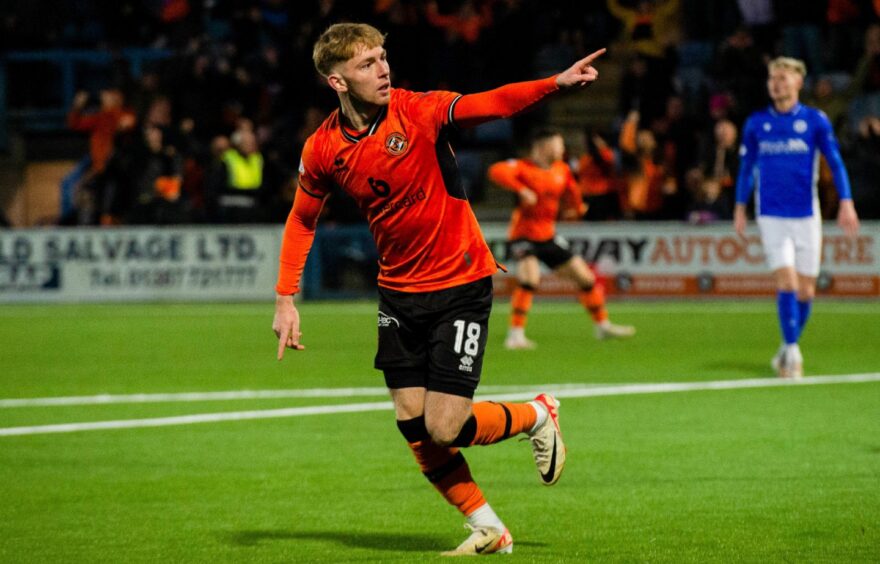 Dundee United's Kai Fotheringham celebrates his second goal of the game