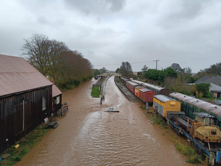 Bridge of Dun station flooded during Storm Babet.