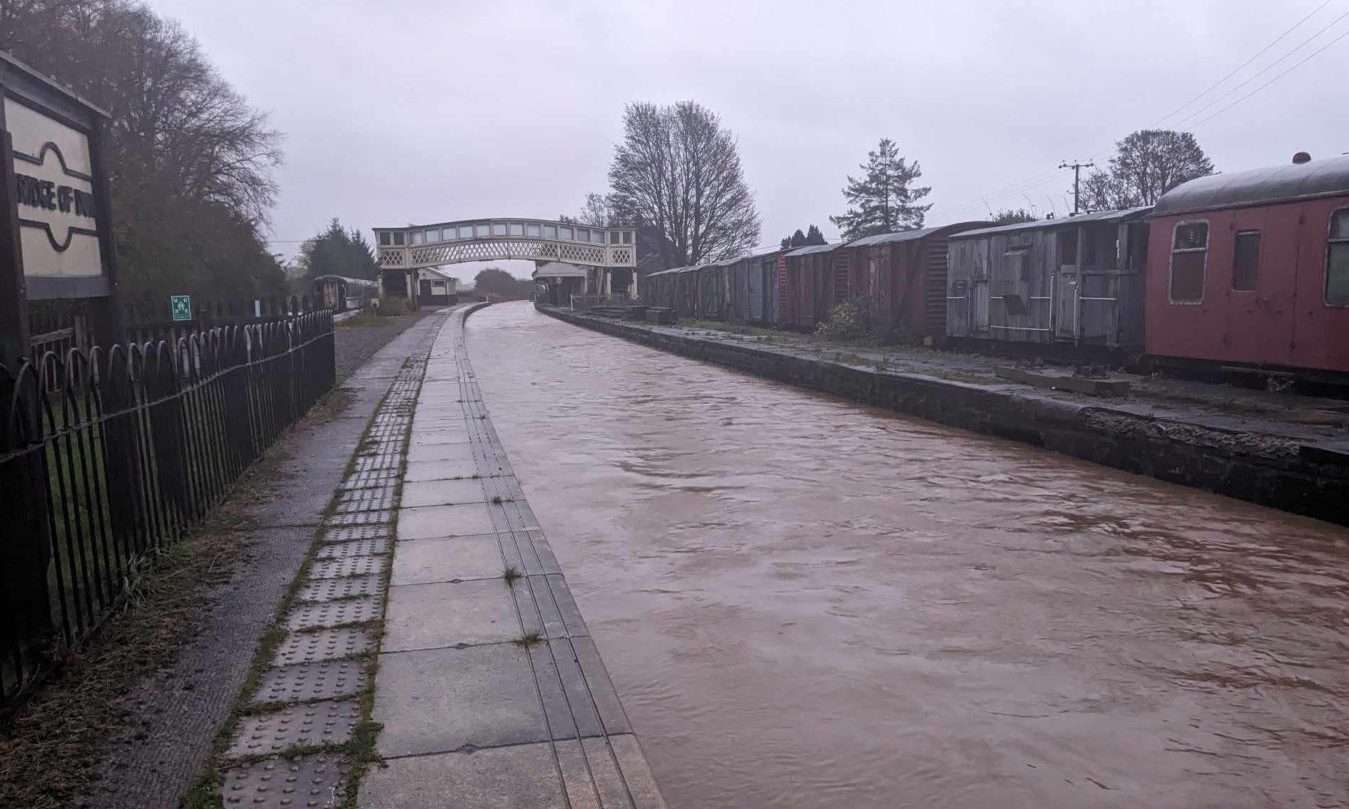 Storm Babet left Bridge of Dun station resembling a canal not a railway. Image: Caledonian Railway