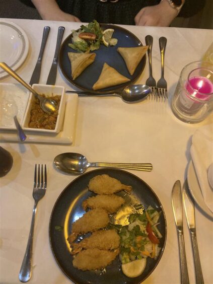 King prawn butterfly and the vegetable samosas at Indos Restaurant, Broughty Ferry.
